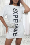 Vestido de manga corta con cuello en O básico con estampado de letras informales de moda blanco