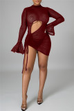 Burgundy Sexy Solid Hollowed Out See-through Half A Turtleneck Long Sleeve Dresses