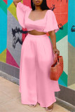 Roze Mode Toevallig Effen Standaard Vierkante kraag Korte mouw Tweedelig