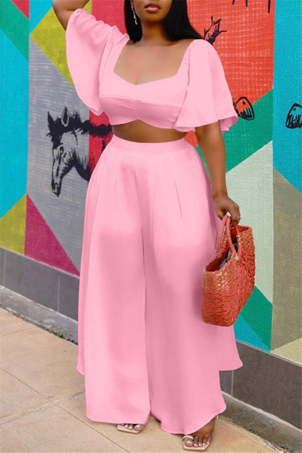 Roze Mode Toevallig Effen Standaard Vierkante kraag Korte mouw Tweedelig