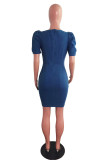 Ljusblå Mode Casual Solid Basic fyrkantig krage kortärmad klänning