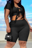 Black Fashion Casual Solid Bandage Uitgehold O Neck Plus Size Two Pieces