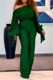 グリーン ファッション カジュアル ソリッド バンデージ オブリーク カラー レギュラー ジャンプスーツ