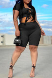 Black Fashion Casual Solid Bandage Uitgehold O Neck Plus Size Two Pieces