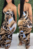 Vestido estampado de leopardo moda sexy estampado sem costas com decote em V