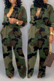 Red Fashion Casual Camouflage Print Basic V Neck Regular Jumpsuits