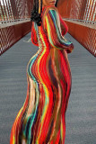 Flerfärgad sexig långärmad O-hals Step-kjol Ankellånga klänningar med randigt tryck
