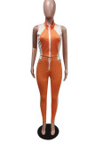Orange Sexy Casual Patchwork Hollowed Out Zipper Collar Sleeveless Two Pieces
