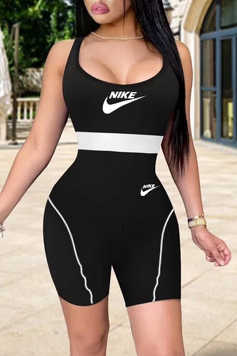 

Black Casual Sportswear Print Split Joint U Neck Skinny Romper