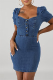 Ljusblå Mode Casual Solid Basic fyrkantig krage kortärmad klänning