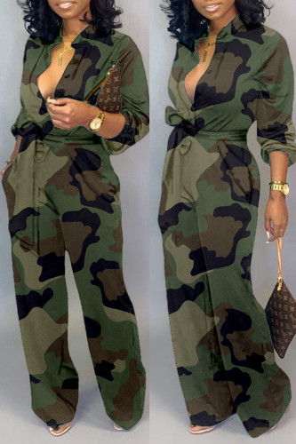 Camouflage Fashion Casual Camouflage Print Basic V Neck Regular Jumpsuits