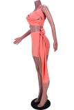 ピンク ファッション セクシー ソリッド バンデージ バックレス スクエア カラー ノースリーブ ツーピース
