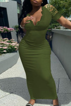 Army Green Fashion Solid Patchwork V-ringad kortärmad klänning