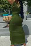 Armeegrünes, modisches, einfarbiges Patchwork-Kleid mit kurzen Ärmeln und V-Ausschnitt