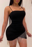 Zwarte sexy effen kwastjes spaghettibandjes onregelmatige jurk jurken