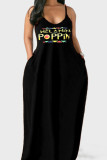 Zwarte sexy casual plus size print backless spaghetti band mouwloze jurk