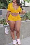 Yellow Sexy Casual Solid Basic V Neck Short Sleeve Two Pieces