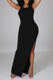 Черное модное сексуальное однотонное платье без рукавов с круглым вырезом и разрезом