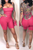 Rose Red Sexy Solid Hollowed Out Strapless Skinny Rompers
