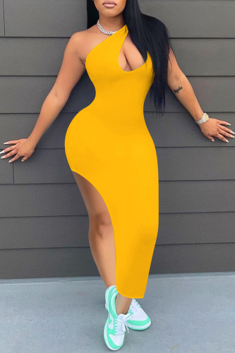 Yellow Fashion Sexy Solid Hollowed Out Slit One Shoulder Sleeveless Dress Dresses