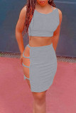 Grey Sexy Solid Hollowed Out Patchwork O Neck Sleeveless Two Pieces