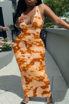 オレンジのセクシーなプリント パッチワーク U ネック ペンシル スカート ドレス