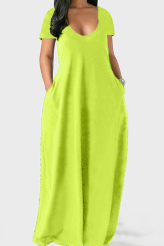Fluorescerend groen Casual effen patchwork zak V-hals jurk met korte mouwen Jurken