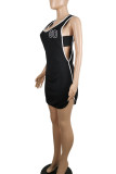 Black Casual Solid Patchwork Asymmetrical U Neck Irregular Dress Dresses