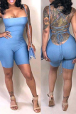 Tibetan Blue Sexy Solid Hollowed Out Strapless Skinny Rompers
