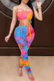 Tangerine Red Sexy Print Patchwork Spaghetti Strap Skinny Jumpsuits