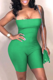 Fluorescent Green Sexy Solid Hollowed Out Strapless Skinny Rompers