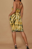 Gelbe Art und Weise reizvoller Druck-rückenfreie trägerlose ärmellose Kleid-Kleider