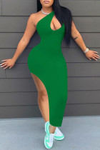 Green Fashion Sexy Solid Hollowed Out Slit One Shoulder Sleeveless Dress Dresses