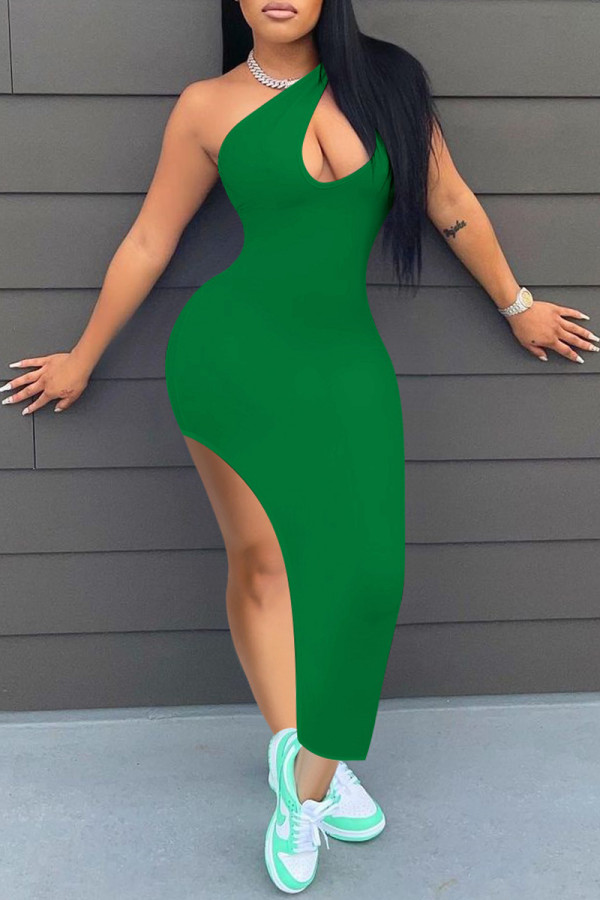 Vestido sin mangas de un hombro con abertura ahuecada sólida sexy de moda verde Vestidos