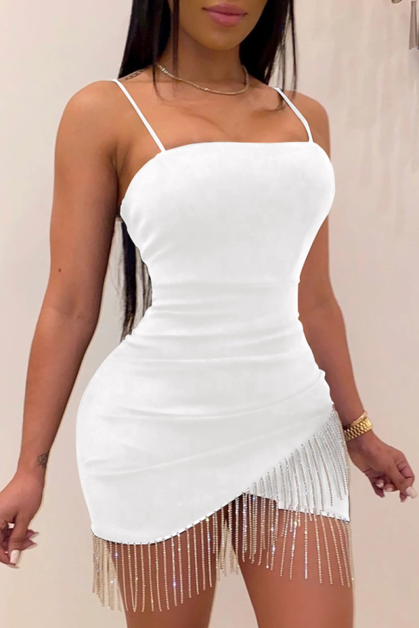白のセクシーなソリッドタッセルスパゲッティストラップ不規則なドレスドレス