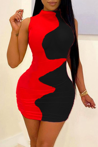 Red Black Fashion Casual Patchwork Basic O Neck Sleeveless Dress