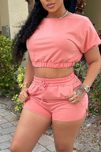 Pink Casual Solid Split Joint O Neck Short Sleeve Two Pieces
