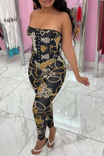 Black Sexy Print Patchwork Strapless Sleeveless Two Pieces