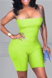 Fluorescent Green Sexy Solid Hollowed Out Strapless Skinny Rompers