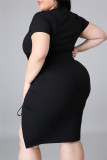 Zwarte sexy casual plus size effen spleet O-hals jurk met korte mouwen