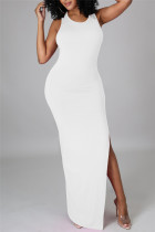 Белое модное сексуальное однотонное платье без рукавов с круглым вырезом и разрезом
