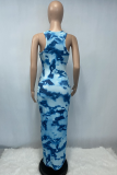 Vestidos saia lápis azul sexy com estampa de retalhos decote em U