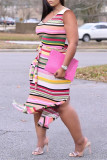 Pink Fashion Casual Plus Size Striped Print Slit U Neck Vest Dress
