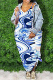 Синее сексуальное повседневное платье больших размеров с принтом без рукавов и открытой спиной на тонких бретелях