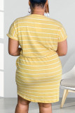 Gelbes, lässiges, gestreiftes Patchwork-Frenulum-Kleid mit O-Ausschnitt und kurzen Ärmeln und Kleidern in Übergröße