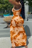 Oranje sexy print patchwork U-hals kokerrokjurken