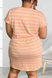 オレンジ カジュアル ストライプ プリント パッチワーク 小帯 O ネック半袖ドレス プラス サイズ ドレス