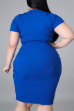 Синее сексуальное повседневное платье больших размеров с круглым вырезом и коротким рукавом