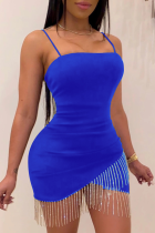 Farbe Blau Sexy Feste Quaste Spaghettibügel Unregelmäßige Kleider