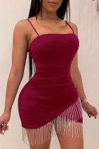 ブルゴーニュのセクシーなソリッドタッセルスパゲッティストラップ不規則なドレスドレス